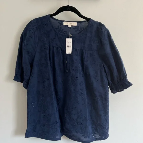 LOFT Women’s Embroidered Puff Sleeve Top-Sailor Navy-Size Small - Picture 3 of 7